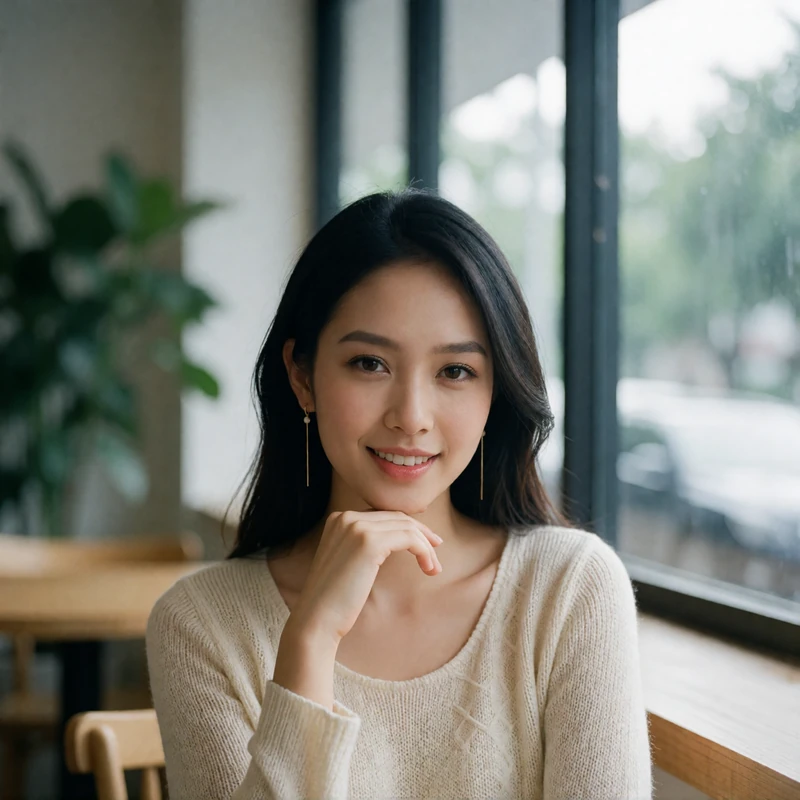 Young Thai woman resting her chin on her hand beside a café window in soft daylight