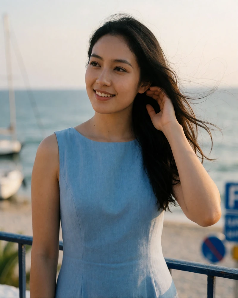 Malaysian woman in a sky-blue linen dress on a coastal terrace with a blurred sea horizon behind her