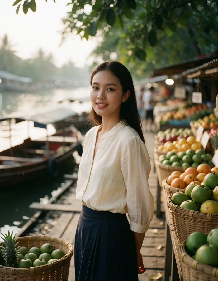 Thai woman in an ivory blouse standing at a wooden riverside market walkway among baskets of tropical fruit