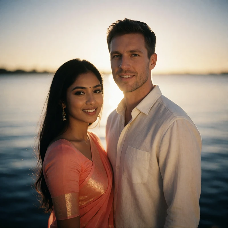 Bangladeshi woman in a soft coral saree standing beside a Western man near calm water at sunset