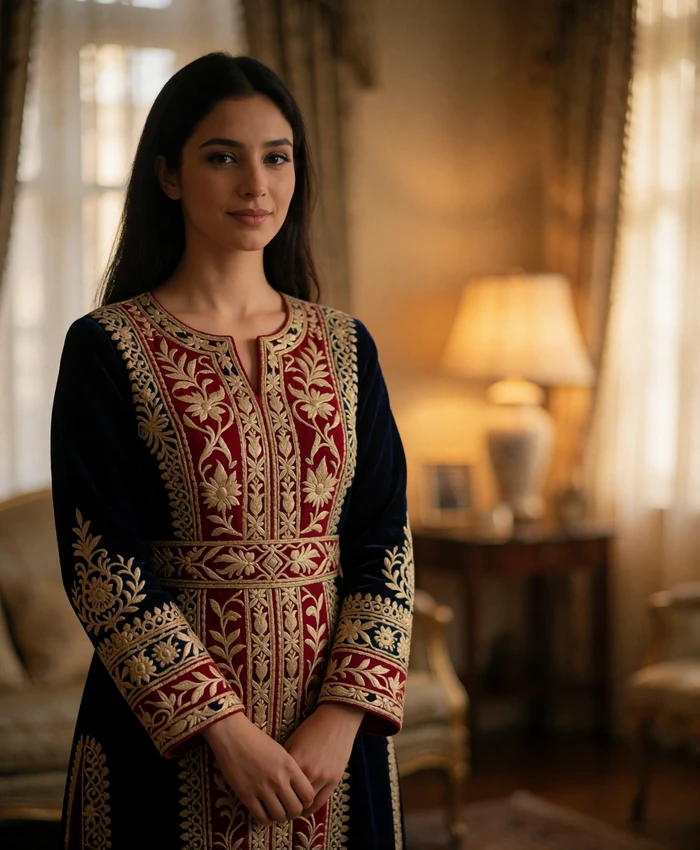 Afghan woman wearing a richly embroidered traditional dress in deep red and gold thread with a quiet confident smile