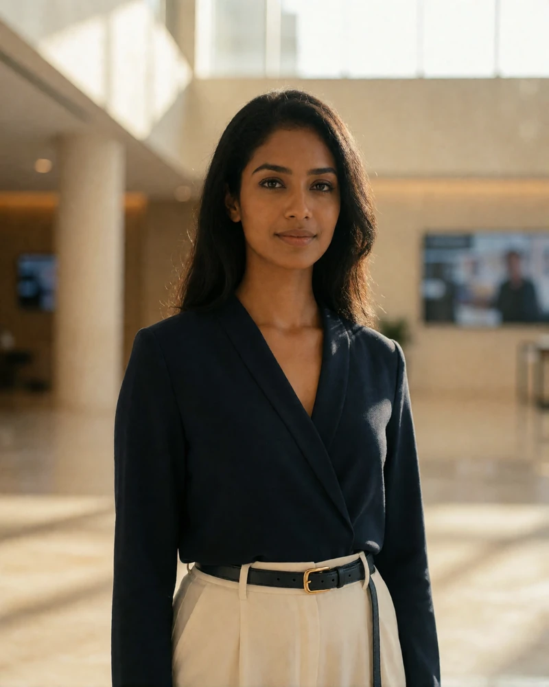 Educated Sri Lankan woman in modern professional attire standing in a bright contemporary lobby