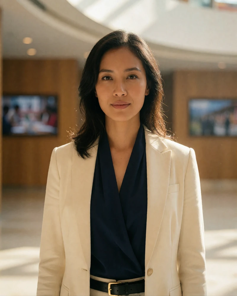 Educated Bhutanese woman in modern professional clothing standing in a bright contemporary interior