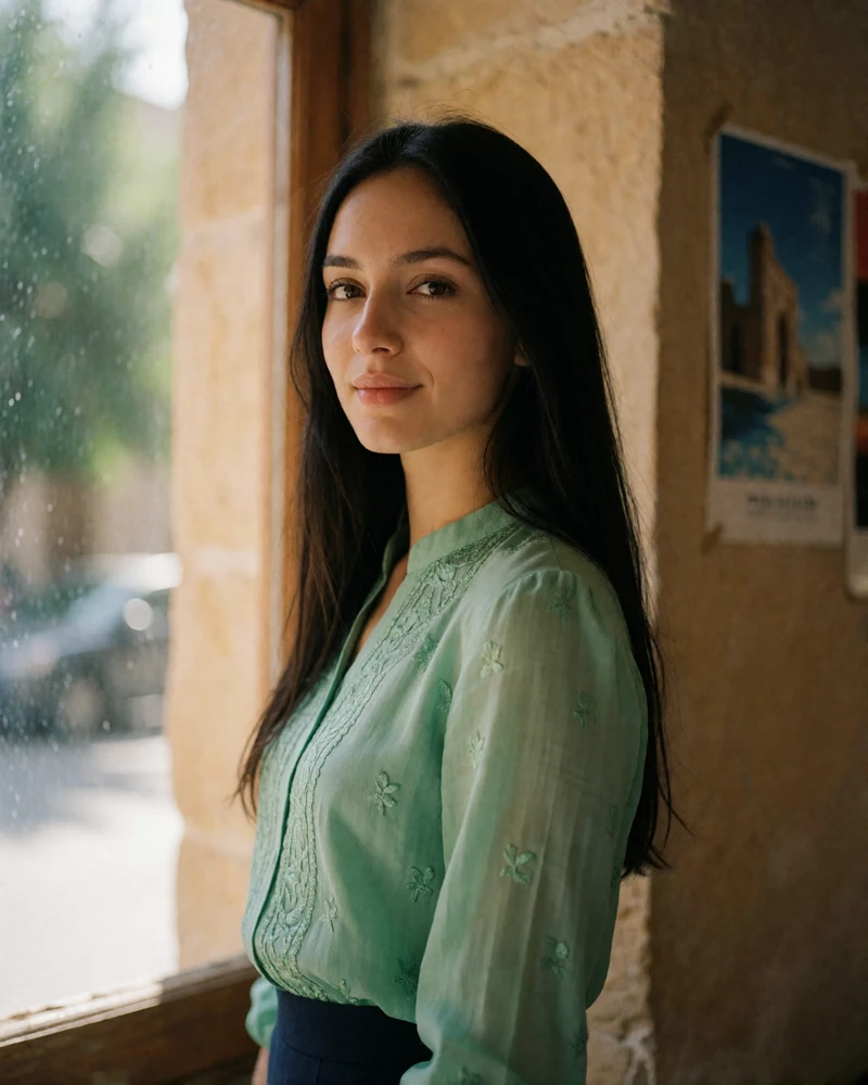 Uzbek woman in her mid-twenties with long straight dark hair wearing a light emerald embroidered blouse beside a tall window