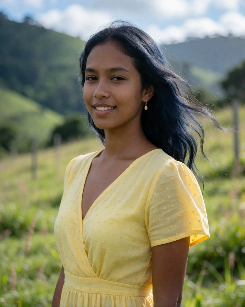 Timorese woman in her twenties wearing a soft yellow dress in an open green highland setting near Maliana