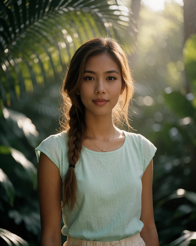 Filipina woman with hair in a loose braid wearing a mint cotton top in a lush tropical garden