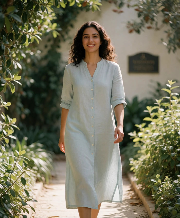 Cheerful Jordanian woman in a pale blue linen dress walking along a shaded garden path