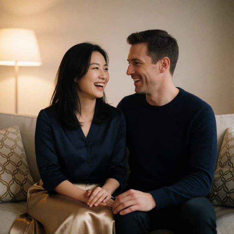 Korean woman and a Western man seated close together on a sofa in a warm minimalist living room, laughing while looking at each other