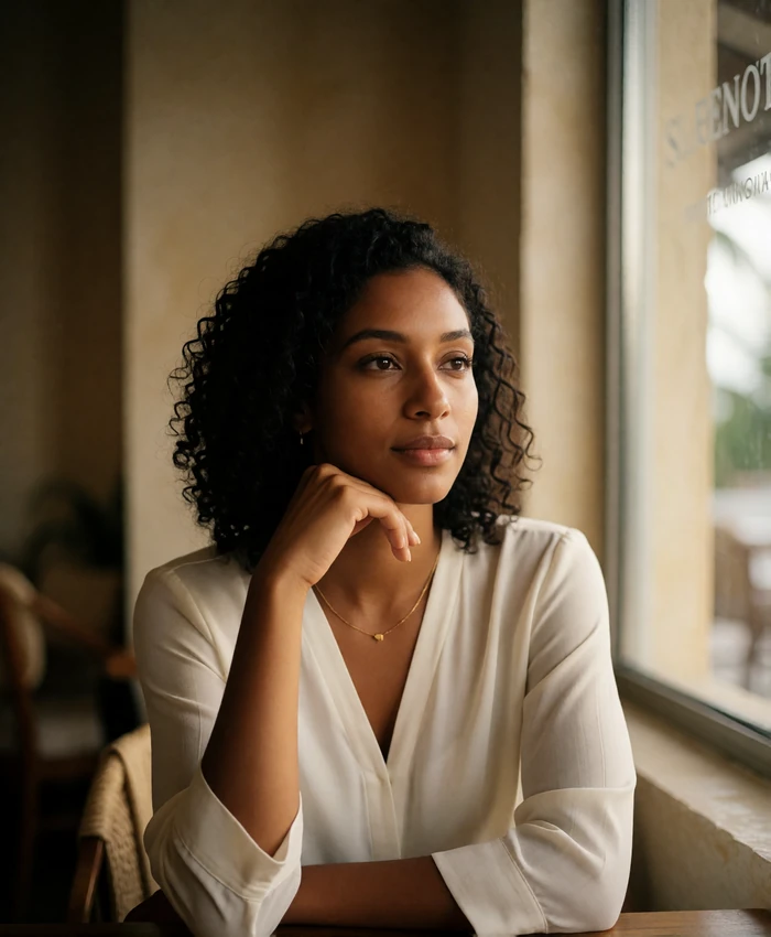 Maldivian woman seated beside a café window with daylight on her face and a thoughtful gentle expression