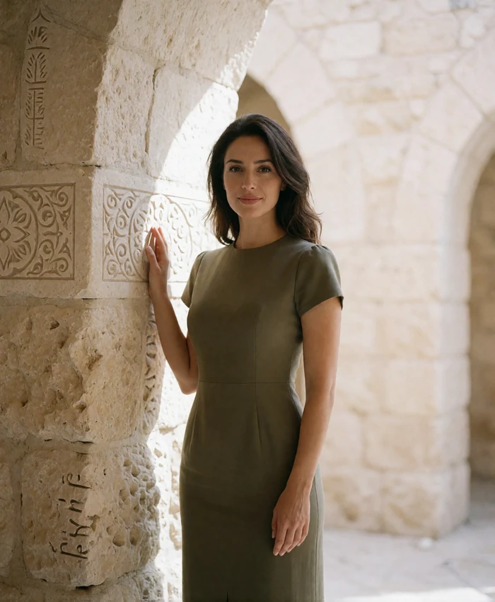 Elegant Jordanian woman in a fitted olive dress standing beneath a pale limestone arch