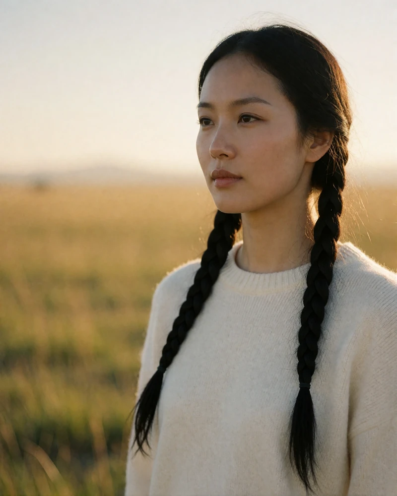 Mongolian woman with braided dark hair in an ivory sweater standing in open grassland at golden hour