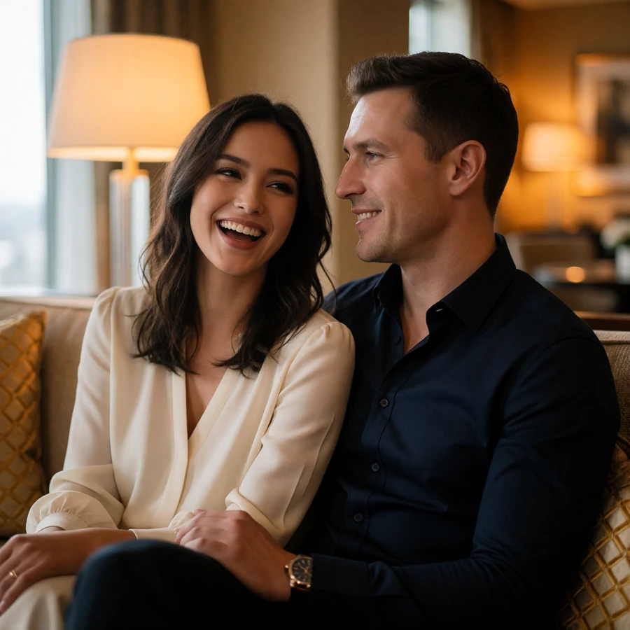 Kyrgyz woman in a cream blouse laughing warmly beside a Western man in an upscale hotel lounge