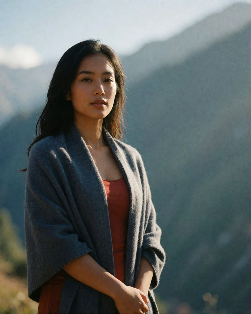 Nepalese woman standing outdoors in crisp highland light wearing a soft grey shawl with hazy mountain slopes behind her