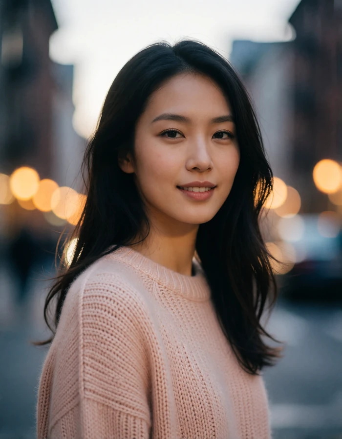 Smiling East Asian woman in a blush knit sweater on a city street at dusk