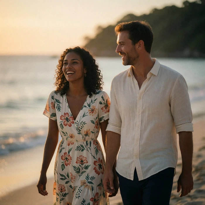 Timorese woman in a floral dress walking beside a Western man along a shoreline at sunset, both laughing