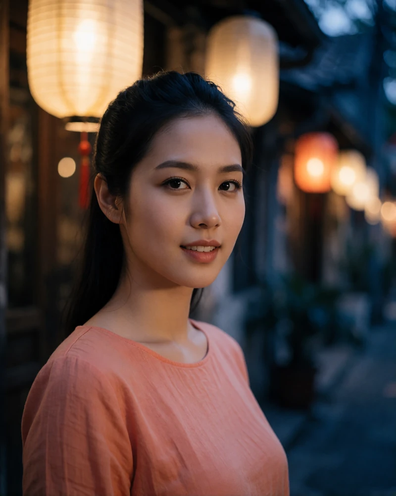 Vietnamese woman with hair pinned back wearing a soft coral top standing in an evening street with warm lantern light