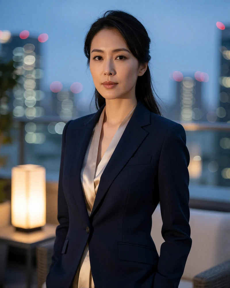 Confident Japanese woman in a tailored navy blazer on an open rooftop lounge in Osaka at dusk