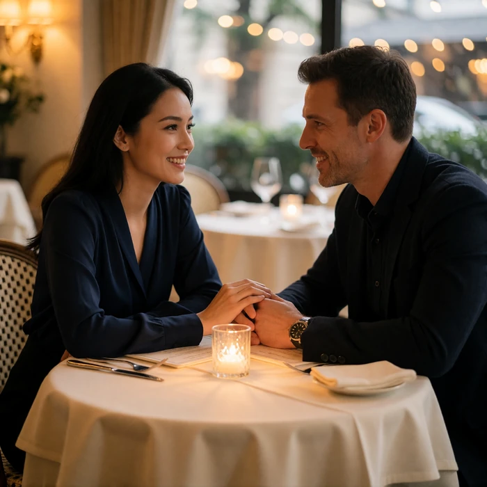 Malaysian woman in an elegant navy blouse sharing a smile with a Western man across a table at a fine dining restaurant
