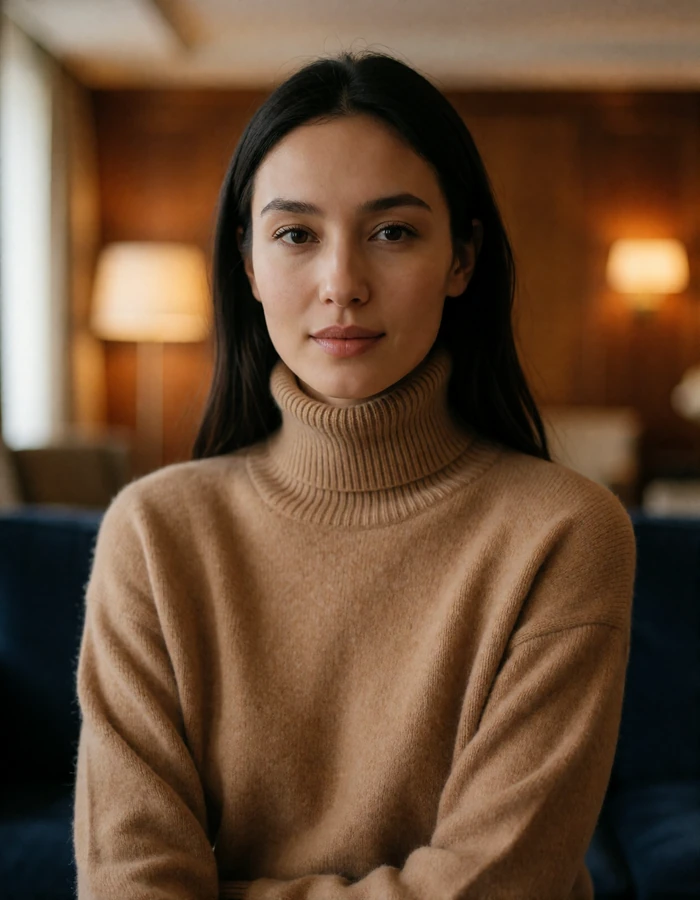 Central Asian woman in a camel cashmere turtleneck in a warm hotel lounge