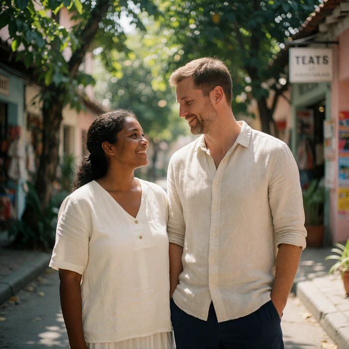 Timorese woman and a Western man standing together on a sunlit tree-lined street, sharing a relaxed smile