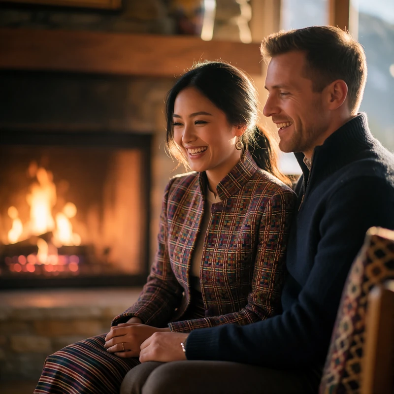 A Bhutanese woman in an elegant woven jacket laughing beside a Western man in a wool sweater by a fireplace