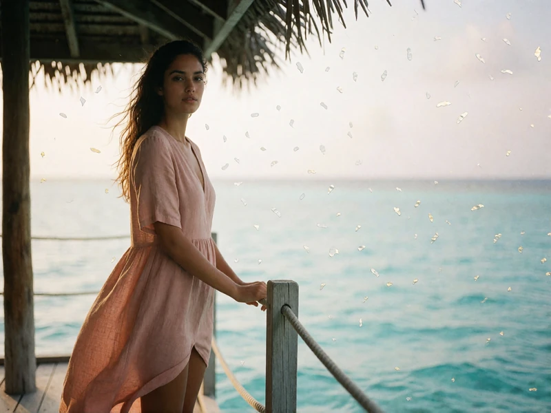 Maldivian woman in a sand-toned dress standing on the shaded deck of a lagoon villa beside calm turquoise water