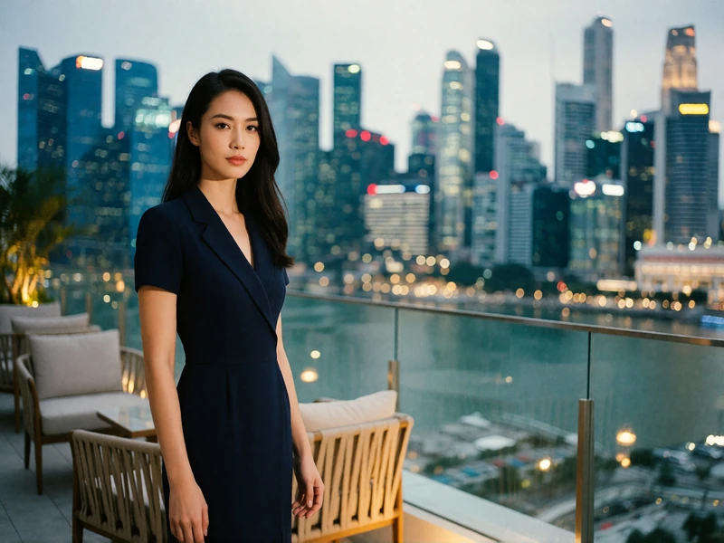 Singaporean woman in a tailored navy dress on a rooftop lounge terrace with the city skyline at blue hour