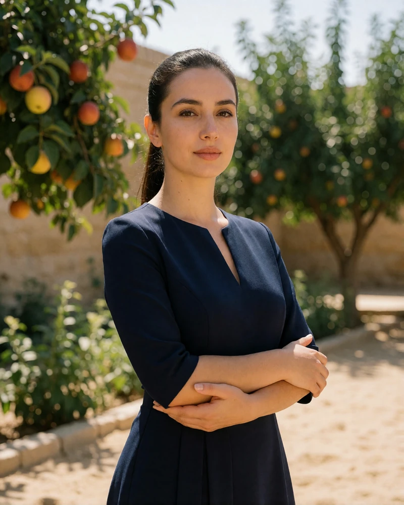 Confident Uzbek woman in her early thirties in an elegant navy dress standing in a sunlit garden