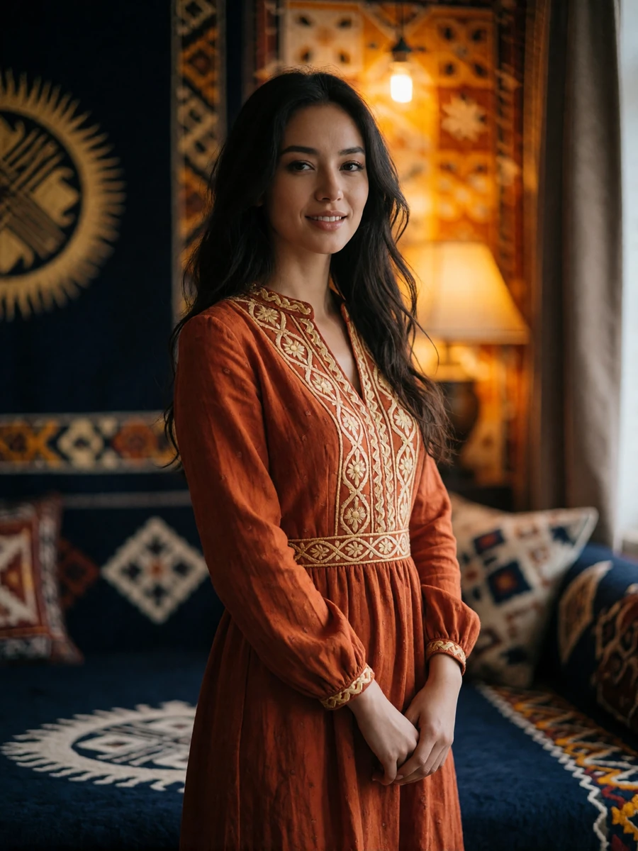 Graceful Kyrgyz woman in a rust-orange embroidered dress standing in a warmly lit traditional-modern interior