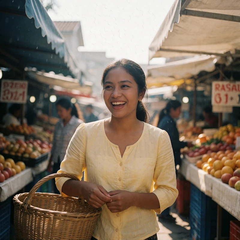 Khmer woman laughing while walking through a sunlit morning market lane carrying a woven basket
