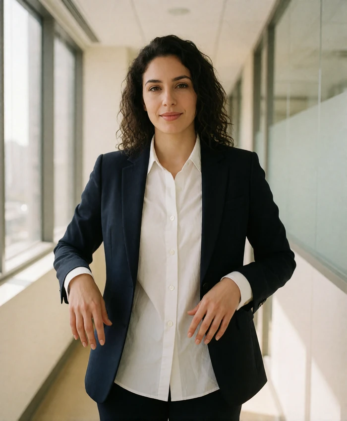 Professional Jordanian woman in a white shirt and navy blazer in a bright modern office corridor