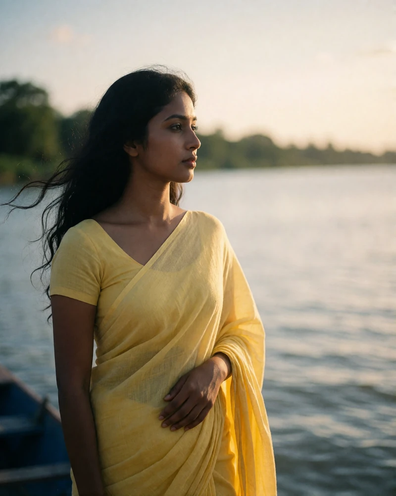Bangladeshi woman standing near a calm riverside at golden hour wearing a soft yellow cotton saree