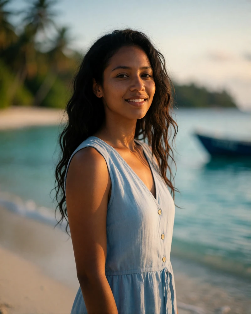 Timorese woman in her late twenties in a light blue linen dress on a quiet shoreline near Atauro Island