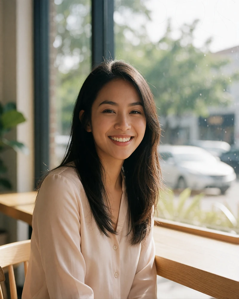 Filipina woman in a blush blouse smiling by a window in a modern coffee house with soft daylight