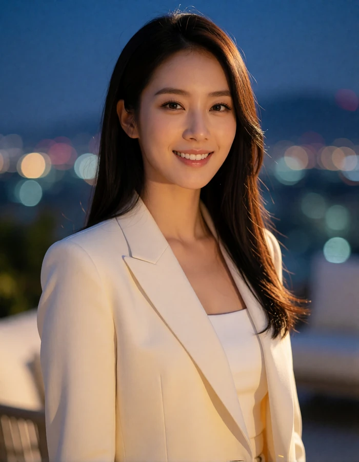 Korean woman in a cream tailored blazer on a rooftop lounge at blue hour