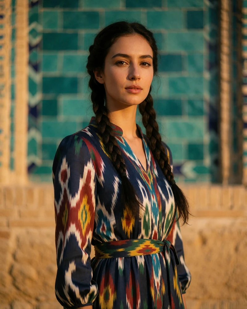 Uzbek woman in her late twenties with braided dark hair wearing a colourful ikat-silk dress before a blurred turquoise-tiled wall