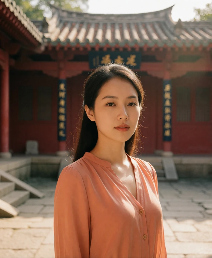 Taiwanese woman standing in a sunlit stone courtyard with softly blurred traditional architecture behind her