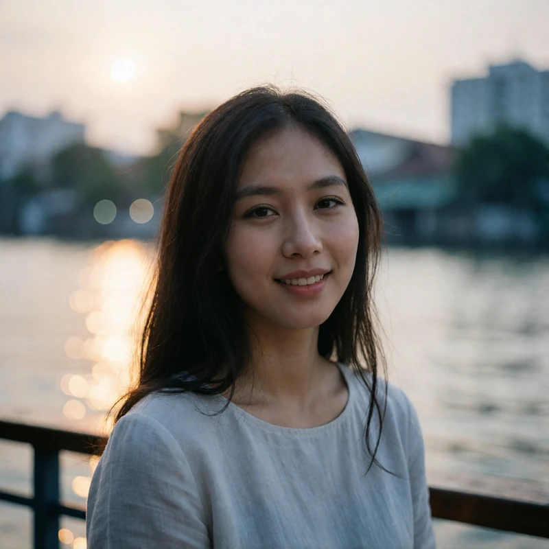 Thai woman with long dark hair smiling gently on a riverside terrace in Bangkok at golden hour