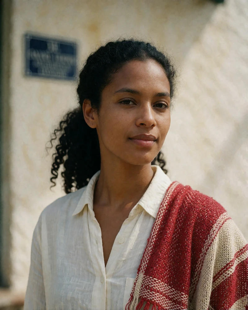 Timorese woman in her late twenties wearing a red and cream handwoven shawl in front of a colonial-era stucco wall in Baucau
