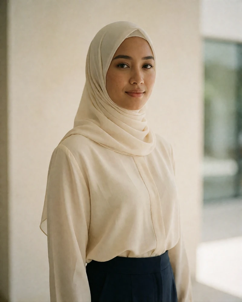 Bruneian Malay woman in her mid-twenties wearing a cream headscarf and pastel blouse in a bright modern interior