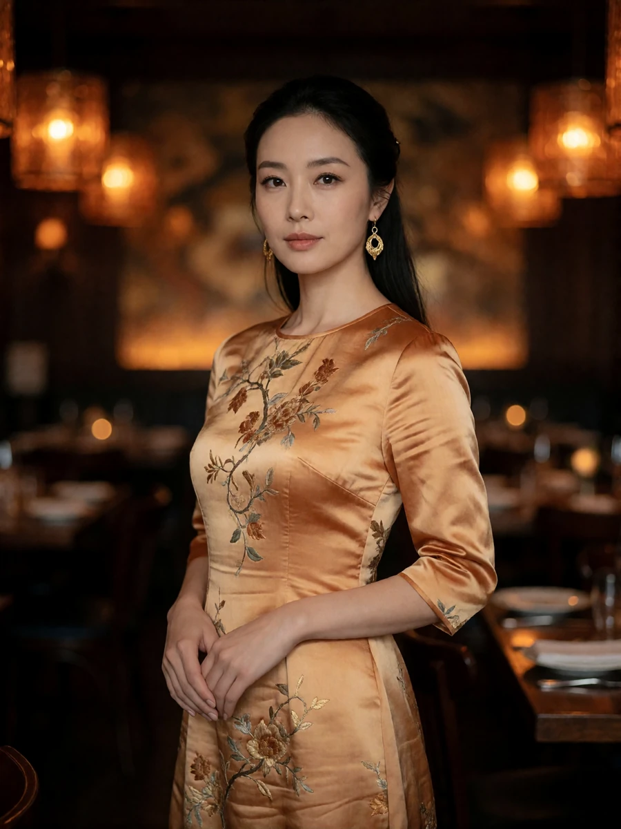 Graceful Chinese woman in a golden-ochre silk dress standing in a warm dimly lit restaurant interior