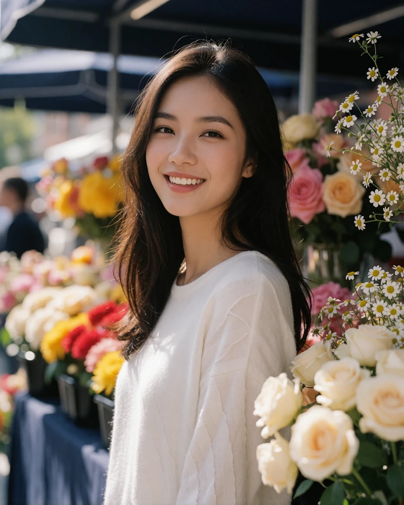 Cheerful young Vietnamese woman in a soft white top standing near an open-air flower stall with blurred blooms
