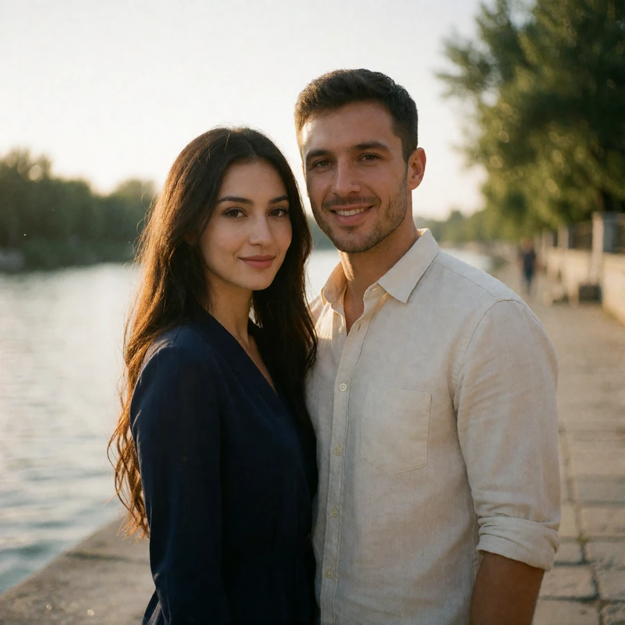 Tajik woman with long dark hair and a Western man standing together on a riverside promenade smiling at the camera