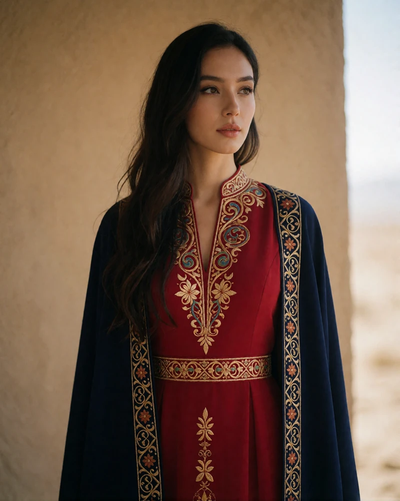 Kyrgyz woman in a modern crimson and gold embroidered dress with a poised graceful expression