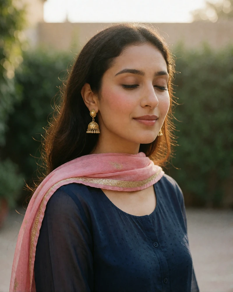 Pakistani woman in her late twenties wearing a blush pink dupatta and gold jhumka earrings in a sunlit courtyard