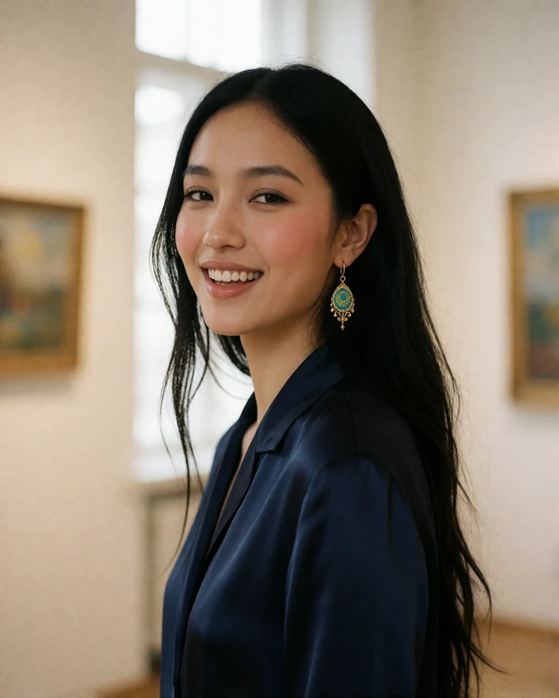 Kazakh woman with long black hair and gold earrings laughing gently inside a softly lit art gallery