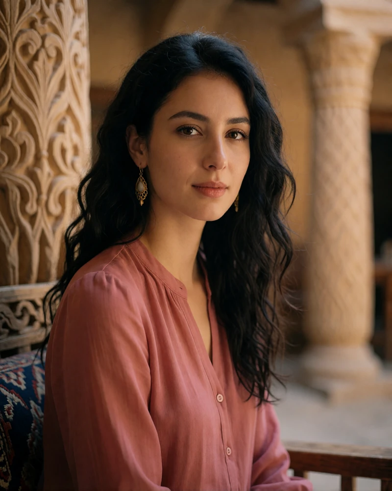 Uzbek woman in her twenties with wavy dark hair and gold earrings seated in a warm courtyard tea house