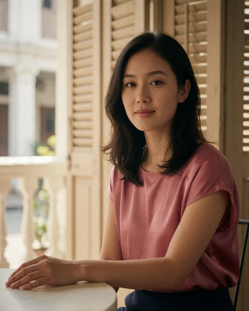 Malaysian Chinese woman in a soft rose silk top seated by the window of a heritage shophouse cafe