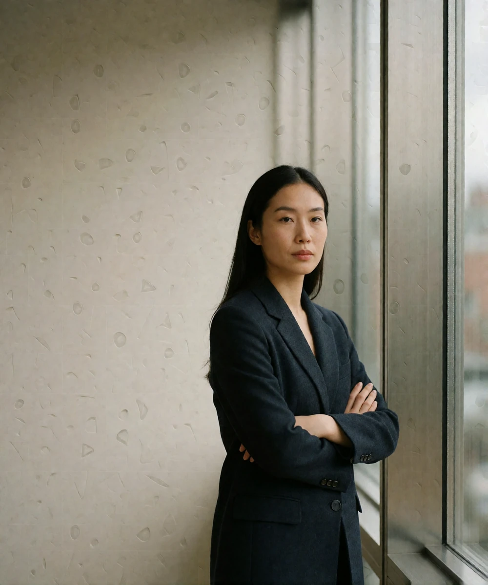 Asian businesswoman in a charcoal blazer standing confidently beside an office window in a modern interior
