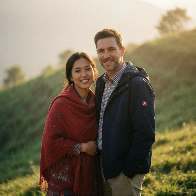 Nepalese woman in a warm red shawl standing beside a Western man on a green hillside at golden hour